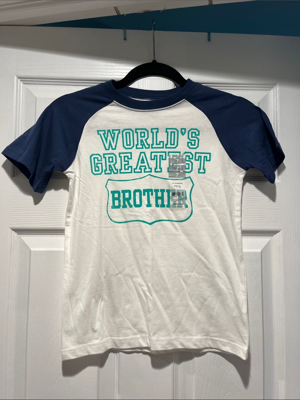 Carter's White Raglan Tee with Navy Sleeves and Teal Graphic